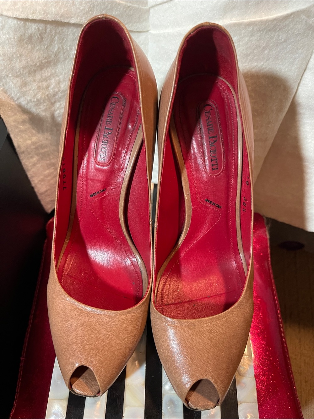 Cesare Paciotti Brown Peep-Toe Leather Pumps with Red Insole